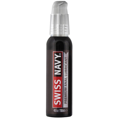MD Science Labs Swiss Navy Silicone Anal Lube comes in an elegant dark 4 oz bottle with a pump dispenser, adorned with a red and white label, providing high-quality lubricant for enhanced comfort and pleasure.
