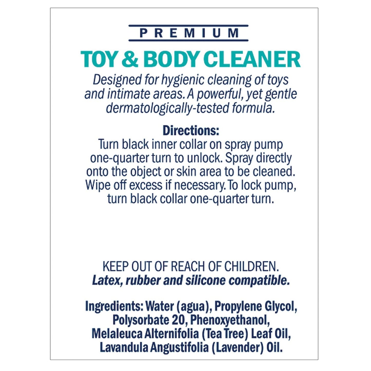Label for Swiss Navy Toy & Body Cleaner - 6oz includes instructions: unlock, spray, and wipe. Warnings: keep away from children; safe with latex and silicone. Contains lavender and tea tree oils. Brand: Swiss Navy.