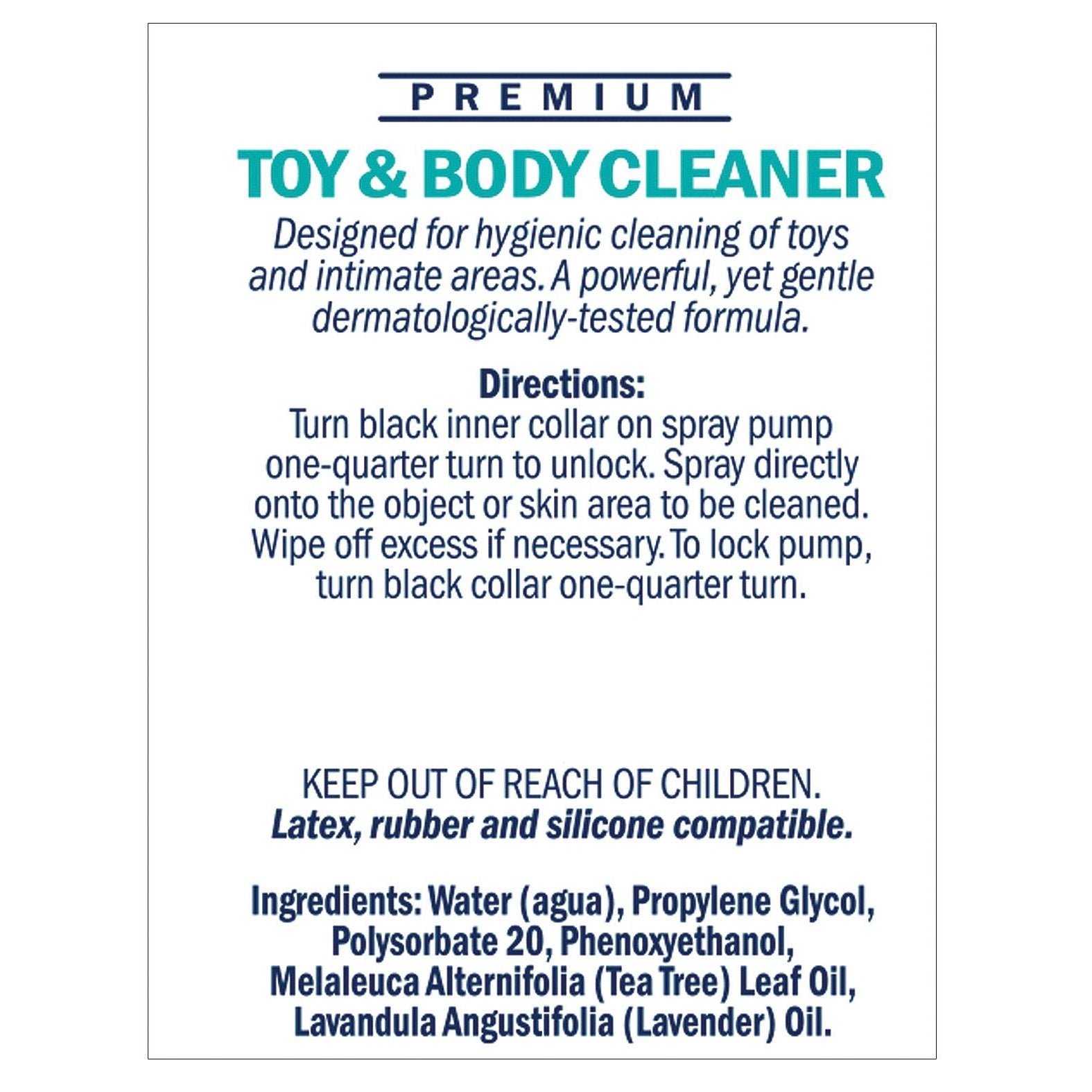 Label for Swiss Navy Toy & Body Cleaner - 6oz includes instructions: unlock, spray, and wipe. Warnings: keep away from children; safe with latex and silicone. Contains lavender and tea tree oils. Brand: Swiss Navy.