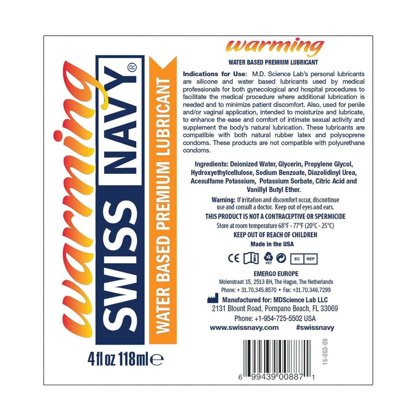Swiss Navy Warming Water Based Lube comes in 4 fl oz bottles, labeled with product info, ingredients, and a caution against contraceptive use. Distributed by M.D. Science Lab, this premium lubricant enhances comfort and pleasure.
