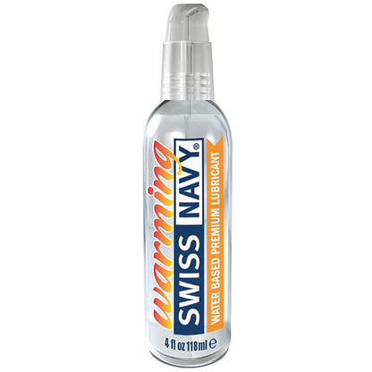 A 4 fl oz Swiss Navy Warming Water Based Lube bottle features a convenient pump top. The label highlights warming in orange, Swiss Navy in blue, and includes water-based premium lubricant for an enhanced experience.