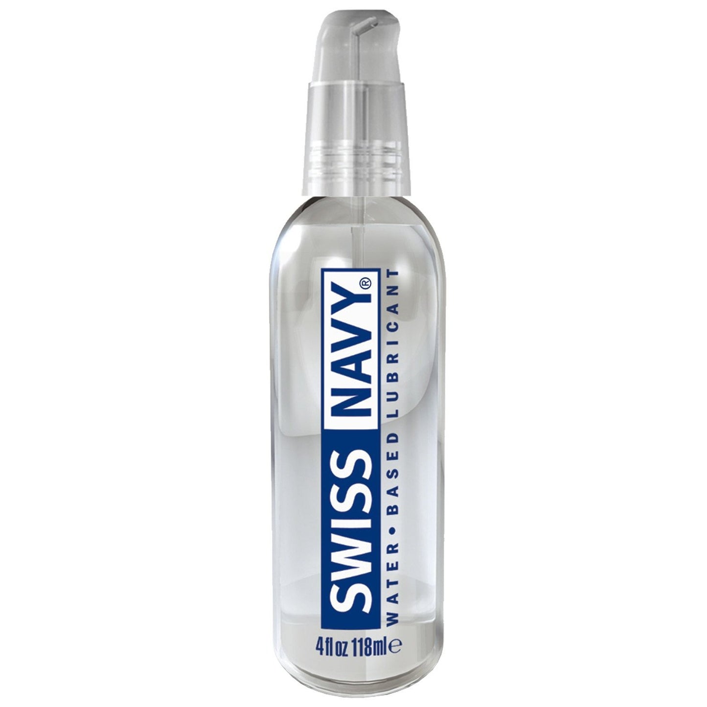 The Swiss Navy Water Based Lube comes in a clear, travel-friendly 4 fl oz (118 ml) bottle with a pump top and a blue and white label highlighting its type.