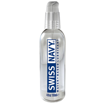 The Swiss Navy Water Based Lube comes in a clear, travel-friendly 4 fl oz (118 ml) bottle with a pump top and a blue and white label highlighting its type.