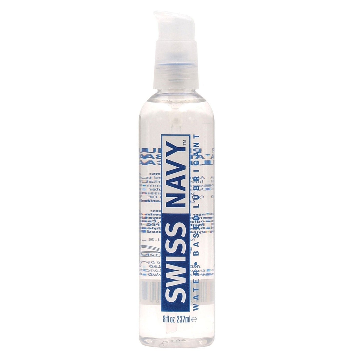 The Swiss Navy Water Based Lube is a clear, travel-friendly lubricant with a pump dispenser. It features blue and white text on the label and contains 8 fl oz (237 ml) of natural lubrication supplement.