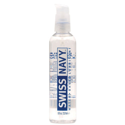 The Swiss Navy Water Based Lube is a clear, travel-friendly lubricant with a pump dispenser. It features blue and white text on the label and contains 8 fl oz (237 ml) of natural lubrication supplement.