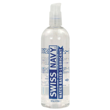 The Swiss Navy Water Based Lube comes in a clear plastic bottle with a pump, featuring blue text on the label. It contains 16 fl oz (473 ml) and offers natural lubrication with a travel-friendly design for convenience anywhere.
