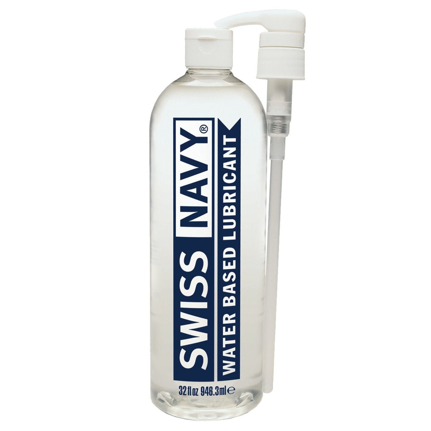 A clear Swiss Navy Water Based Lube bottle with a pump dispenser stands on a light background. The label reads Swiss Navy Water Based Lubricant, 32 fl oz, 946.3 ml. Its perfect for those seeking high-quality natural lubrication.