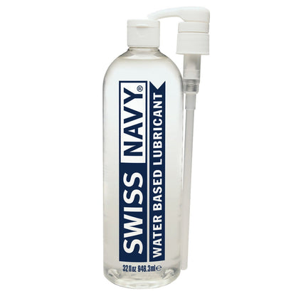 A clear Swiss Navy Water Based Lube bottle with a pump dispenser stands on a light background. The label reads Swiss Navy Water Based Lubricant, 32 fl oz, 946.3 ml. Its perfect for those seeking high-quality natural lubrication.