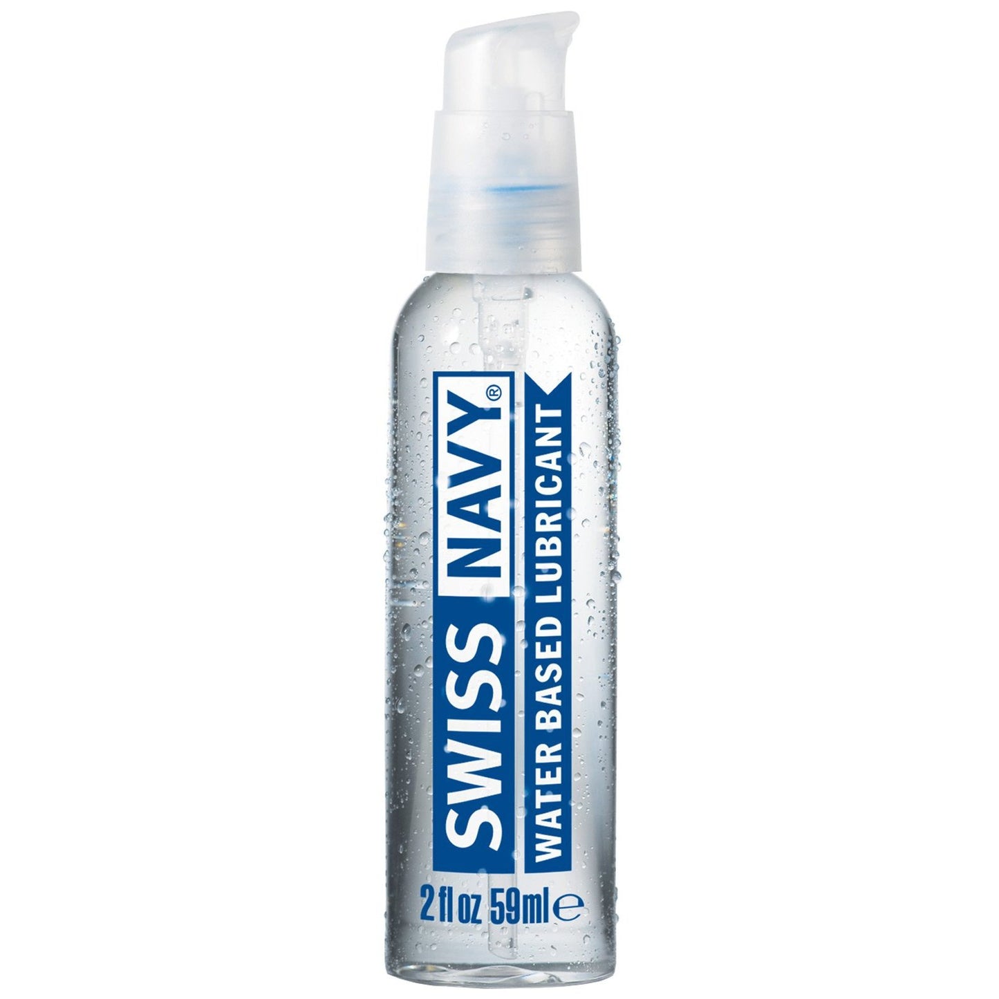 A 2 fl oz (59 ml) Swiss Navy Water Based Lube bottle features a pump dispenser for easy use. The transparent plastic bottle, labeled in blue and white with the brand name, is travel-friendly and ideal for on-the-go natural lubrication supplementation.