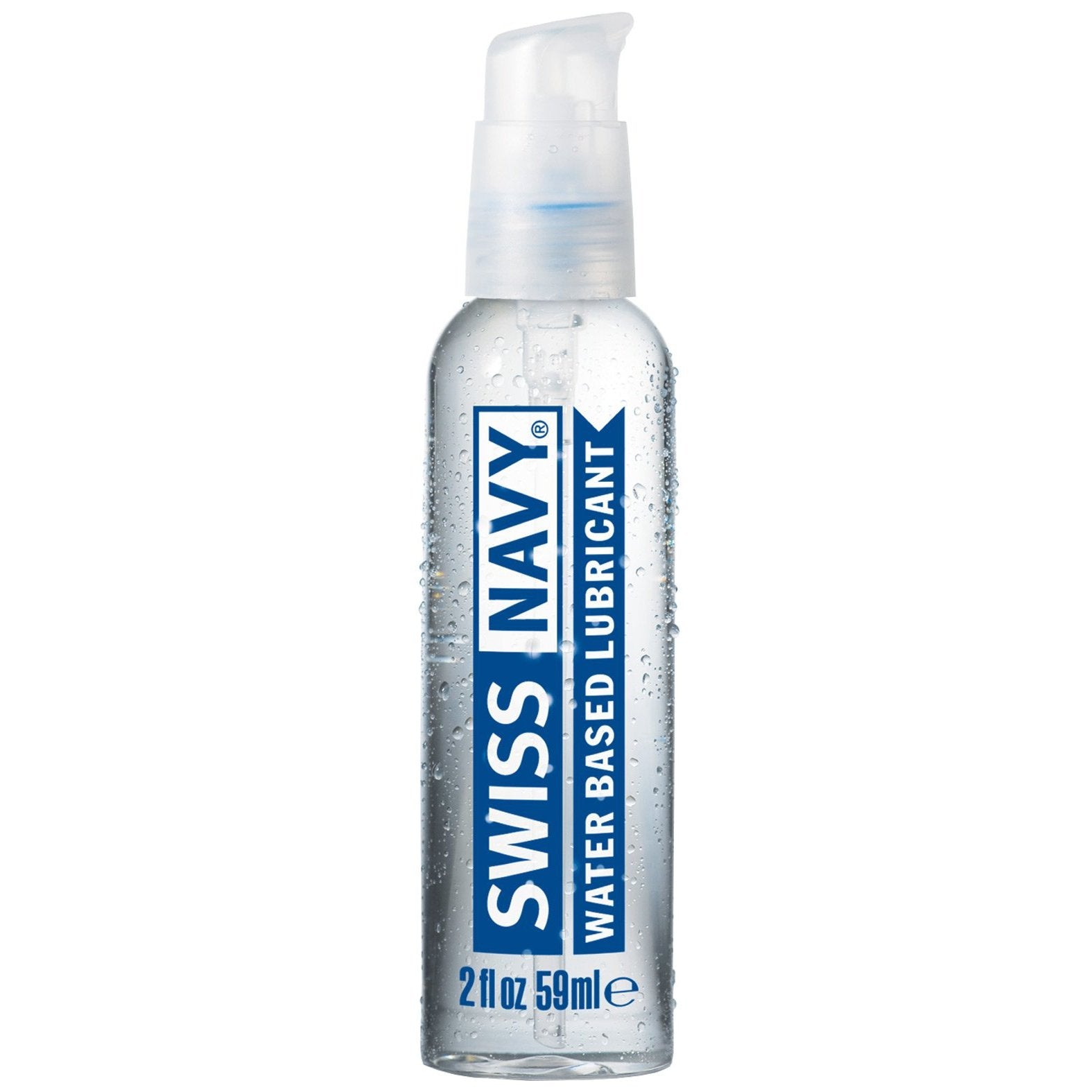 A 2 fl oz (59 ml) Swiss Navy Water Based Lube bottle features a pump dispenser for easy use. The transparent plastic bottle, labeled in blue and white with the brand name, is travel-friendly and ideal for on-the-go natural lubrication supplementation.