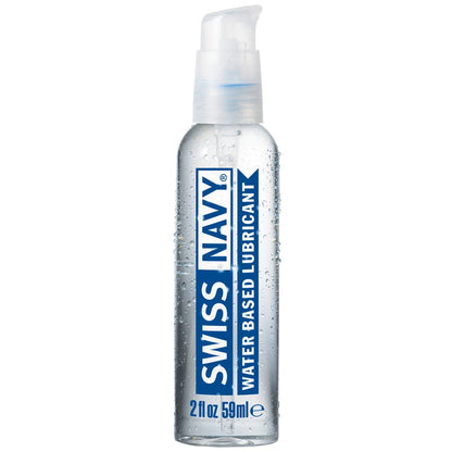 A 2 fl oz (59 ml) Swiss Navy Water Based Lube bottle features a pump dispenser for easy use. The transparent plastic bottle, labeled in blue and white with the brand name, is travel-friendly and ideal for on-the-go natural lubrication supplementation.