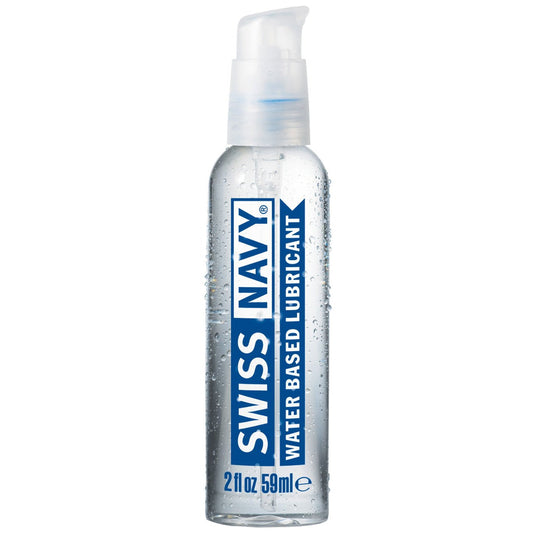 A 2 fl oz (59 ml) Swiss Navy Water Based Lube bottle features a pump dispenser for easy use. The transparent plastic bottle, labeled in blue and white with the brand name, is travel-friendly and ideal for on-the-go natural lubrication supplementation.
