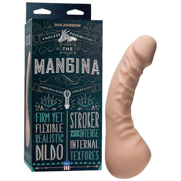 The Pipedream Mangina features a dildo and male masturbator combo made from UR3 for realism, boasting firm yet flexible qualities. The packaging highlights its intense internal textures, offering the full Mangina experience.
