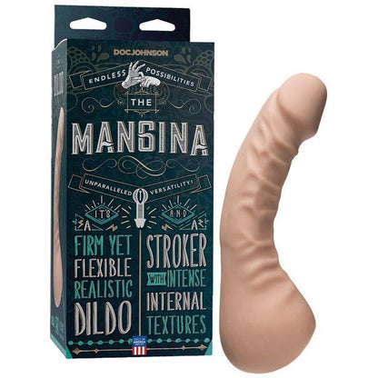 The Pipedream Mangina features a dildo and male masturbator combo made from UR3 for realism, boasting firm yet flexible qualities. The packaging highlights its intense internal textures, offering the full Mangina experience.