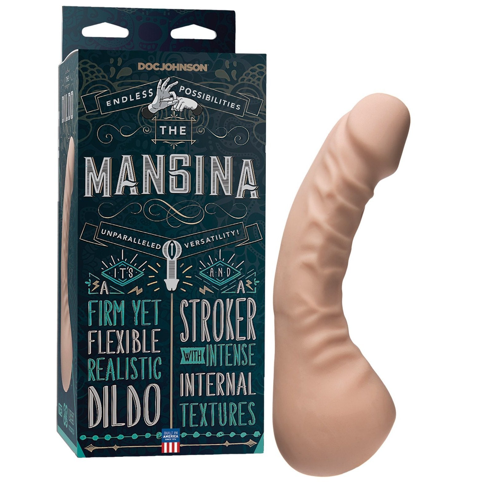 A box labeled The Mangina - Male Masturbator & Dildo Combo by Pipedream, featuring a realistic UR3 dildo beside it. The packaging emphasizes its firm yet flexible texture and intense internal features, with a dark design and teal accents, promising an unforgettable experience.