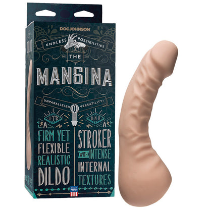 A box labeled The Mangina - Male Masturbator & Dildo Combo by Pipedream, featuring a realistic UR3 dildo beside it. The packaging emphasizes its firm yet flexible texture and intense internal features, with a dark design and teal accents, promising an unforgettable experience.