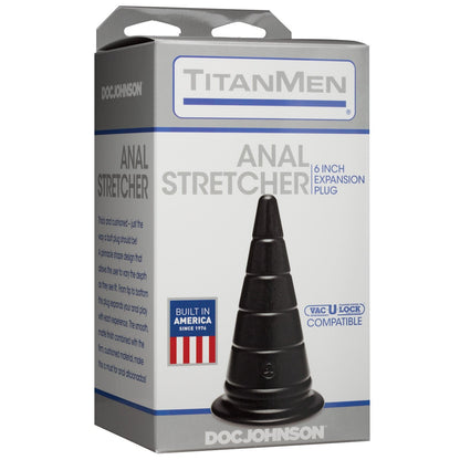 The image displays the TitanMen 6 Anal Stretcher packaging—a ribbed expansion plug designed for pleasure. The gray box with blue accents sports product text and a Built in America label featuring an American flag. Its hypoallergenic, phthalate-free, ensuring safety and satisfaction.
