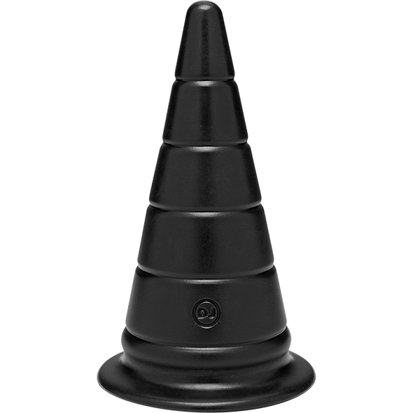 A solid black rubber traffic cone with a rounded top and smooth sides resembles the TitanMen 6 Anal Stretcher. Its wide base adds stability, and an embossed symbol decorates its surface, similarly ribbed for pleasure in design.