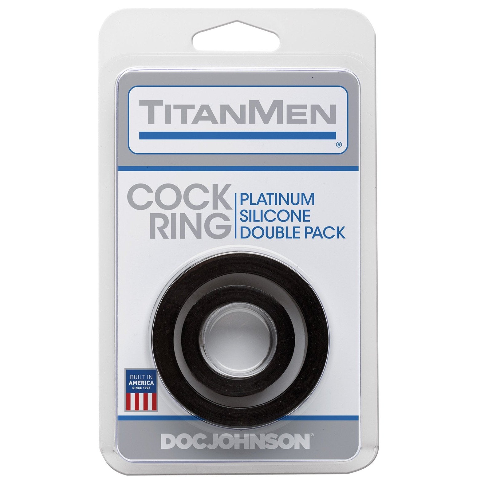 The TitanMen Platinum Silicone Cock Ring - Pack of 2 is presented in a clear plastic box with a white and blue design, featuring an American flag to proudly showcase its made-in-USA status.