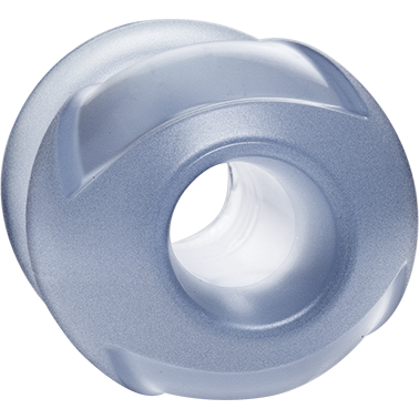 A close-up of a translucent blue, spiraled object with a central hole resembles TitanMen The Hollow by TitanMen. Its smooth, shiny surface softly captures light, suggesting delicate craftsmanship.