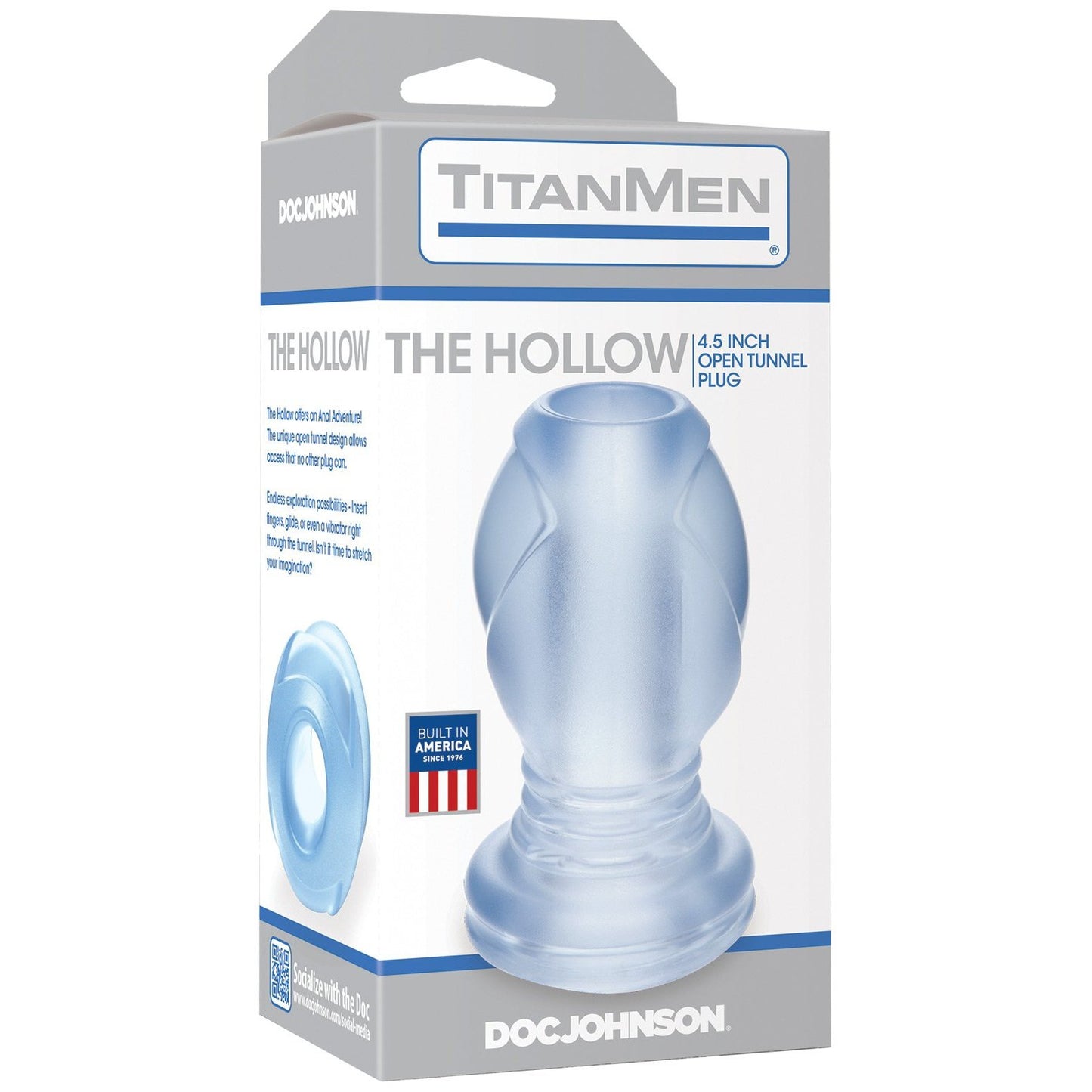 The packaging for TitanMens The Hollow 4.5-inch hollow butt plug displays product images and a Built in America label. It features Sil-A-Gel for enhanced sensations and comes in a light gray and blue color scheme.
