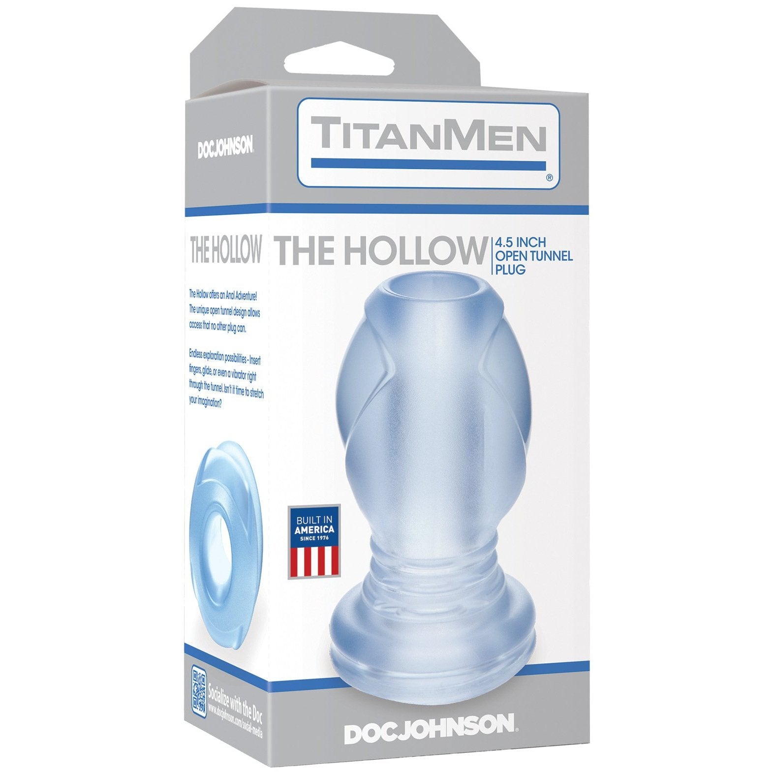 The packaging for TitanMens The Hollow 4.5-inch hollow butt plug displays product images and a Built in America label. It features Sil-A-Gel for enhanced sensations and comes in a light gray and blue color scheme.