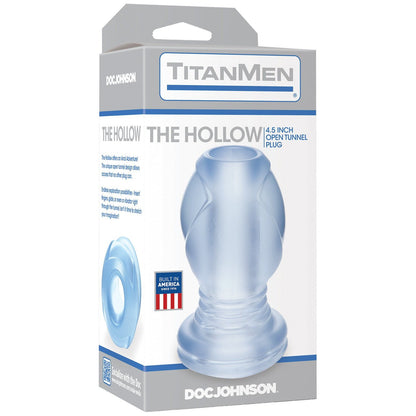 The packaging for TitanMens The Hollow 4.5-inch hollow butt plug displays product images and a Built in America label. It features Sil-A-Gel for enhanced sensations and comes in a light gray and blue color scheme.