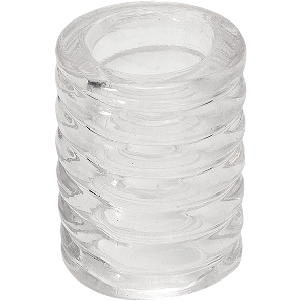 The TitanMen Tools Cock Cage & Ball Stretcher by TitanMen is a clear, ribbed, cylindrical glass object with a hollow center like stacked rings, designed to enhance erections and function similarly to intimate accessories such as a cock cage.