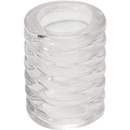 The TitanMen Tools Cock Cage & Ball Stretcher by TitanMen is a clear, ribbed, cylindrical glass object with a hollow center like stacked rings, designed to enhance erections and function similarly to intimate accessories such as a cock cage.