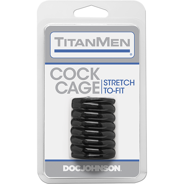 The TitanMen Tools Cock Cage & Ball Stretcher by TitanMen, labeled Stretch to Fit, features a sleek black design for adult use, enhancing erections and serving as both a cock cage and ball stretcher for an elevated dual-purpose experience.