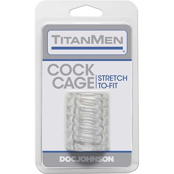 The TitanMen Tools Cock Cage & Ball Stretcher features a clear design on a sleek white and gray backdrop with the TitanMen logo and text description. This innovative product securely encloses and enhances erections for an elevated experience.