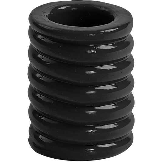 A glossy, black spiral object resembling a coiled spring, standing upright with a hollow center is similar to the TitanMen Tools Cock Cage & Ball Stretcher by TitanMen, designed to enhance erections.