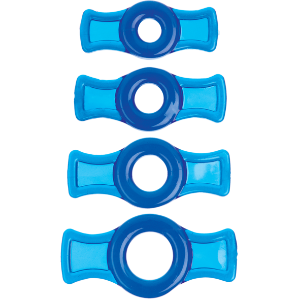 The TitanMen Tools Cock Ring Set by TitanMen includes four translucent blue silicone rings varying in size, each with a circular center and wing-like extensions. These stretchy rings are designed to enhance erection strength for an improved experience.