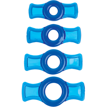 The TitanMen Tools Cock Ring Set by TitanMen includes four translucent blue silicone rings varying in size, each with a circular center and wing-like extensions. These stretchy rings are designed to enhance erection strength for an improved experience.