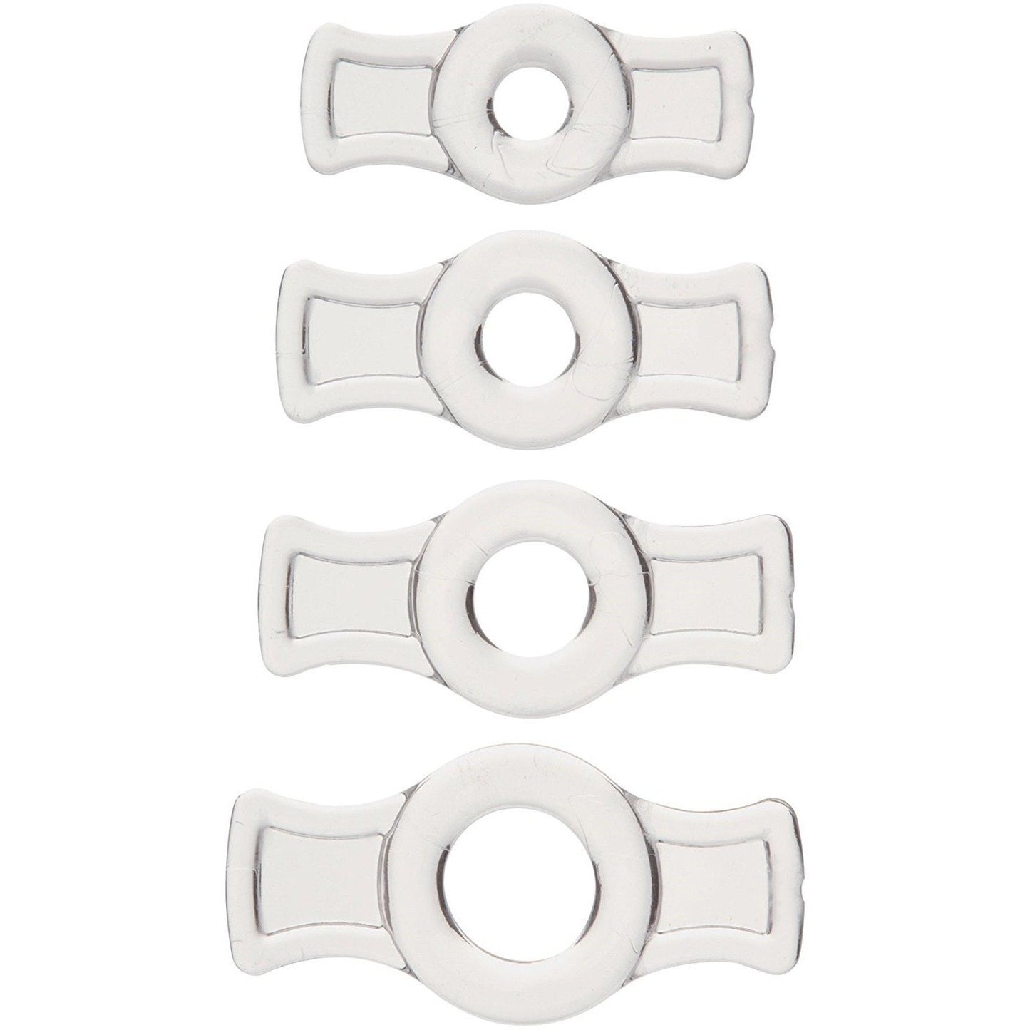 Four white plastic washers, resembling the TitanMen Tools Cock Ring Set, are vertically aligned against a plain background. Each washer features a central hole and wing-like extensions. They vary slightly in size, mirroring stretchy cock rings that enhance erection strength.