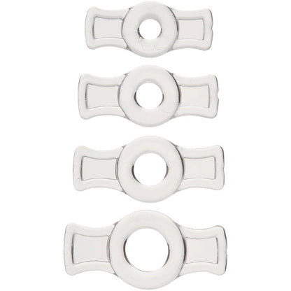Four white plastic washers, resembling the TitanMen Tools Cock Ring Set, are vertically aligned against a plain background. Each washer features a central hole and wing-like extensions. They vary slightly in size, mirroring stretchy cock rings that enhance erection strength.