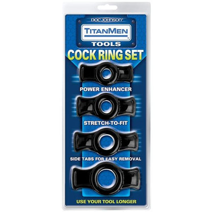 A blister pack of Titanmen Tools Cock Ring Set by TitanMen, featuring four stretchy black rings for enhancing erection strength, with power enhancers and side tabs for easy removal. Packaging highlights benefits and displays each ring vertically.
