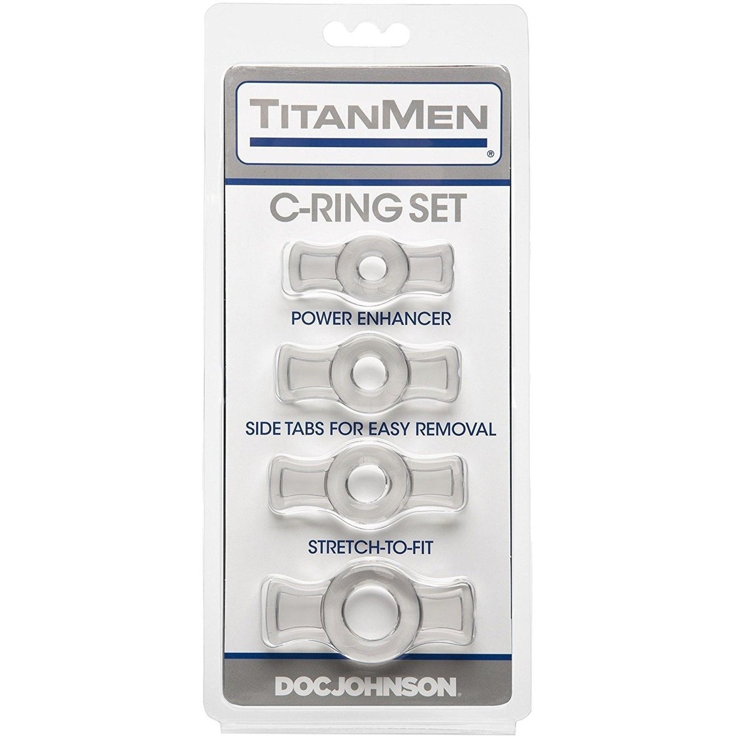 The TitanMen Tools Cock Ring Set packaging features four silver rings with labels Power Enhancer, Side Tabs for Easy Removal, and Stretch-to-Fit. These stretchy rings, designed to enhance erections, have a white background with blue and black text.