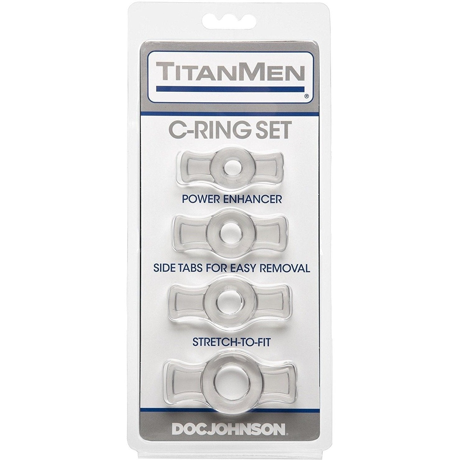The TitanMen Tools Cock Ring Set packaging features four silver rings with labels Power Enhancer, Side Tabs for Easy Removal, and Stretch-to-Fit. These stretchy rings, designed to enhance erections, have a white background with blue and black text.