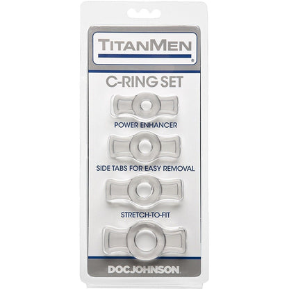 The TitanMen Tools Cock Ring Set packaging features four silver rings with labels Power Enhancer, Side Tabs for Easy Removal, and Stretch-to-Fit. These stretchy rings, designed to enhance erections, have a white background with blue and black text.