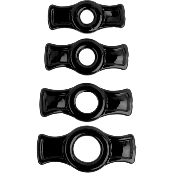 Four shiny black stretchy cock rings with side grips from the TitanMen Tools Cock Ring Set are arranged vertically by size, largest to smallest, on a white background. Theyre designed to enhance erection strength.