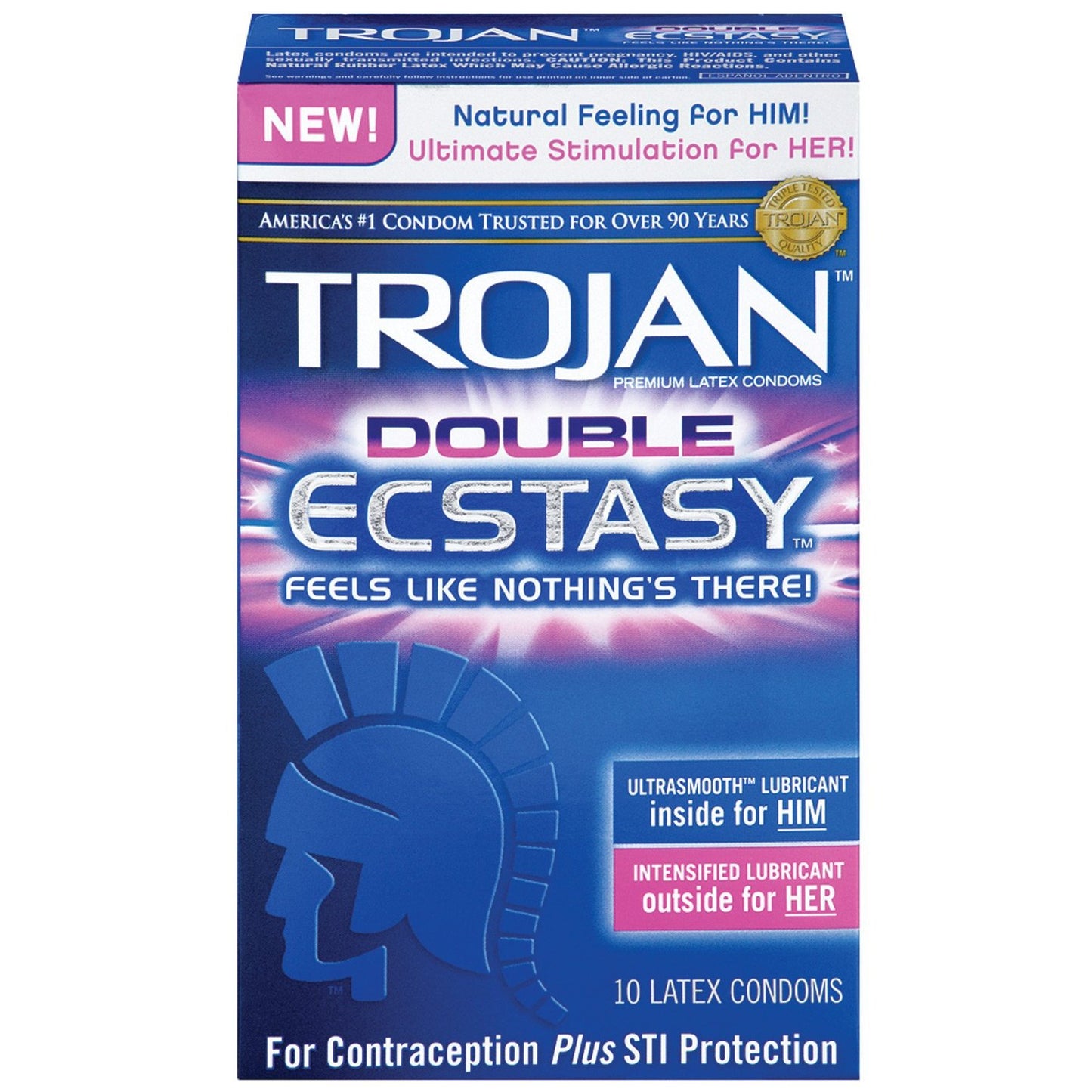 The image displays a 10-pack of Trojan Double Ecstasy Condoms, boasting ultrasmooth lubrication for him and intensified lubrication for her. With ribbing enhancements, these premium latex condoms by Trojan ensure STI protection for a safe and satisfying experience.