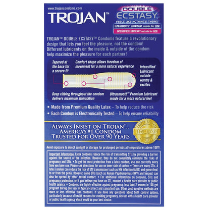 The packaging for Trojan Double Ecstasy Condoms highlights a comfort shape, premium latex, ultrasmooth outer lubricant with ribbed interior for enhanced pleasure. It includes a diagram and notes they are electronically tested for reliability.