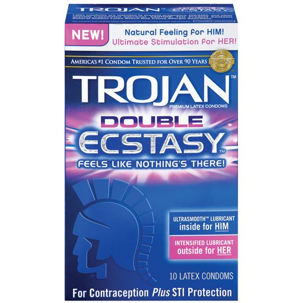 Trojan Double Ecstasy Condoms by Trojan feature natural feeling and ultimate stimulation with ribbing enhancements and ultrasmooth lubricant for him and her. The box, containing 10 latex condoms, provides contraception and STI protection.