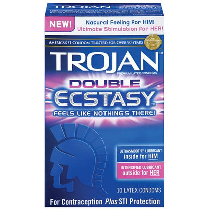 Trojan Double Ecstasy Condoms by Trojan feature natural feeling and ultimate stimulation with ribbing enhancements and ultrasmooth lubricant for him and her. The box, containing 10 latex condoms, provides contraception and STI protection.