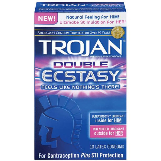Trojan Double Ecstasy Condoms by Trojan feature natural feeling and ultimate stimulation with ribbing enhancements and ultrasmooth lubricant for him and her. The box, containing 10 latex condoms, provides contraception and STI protection.