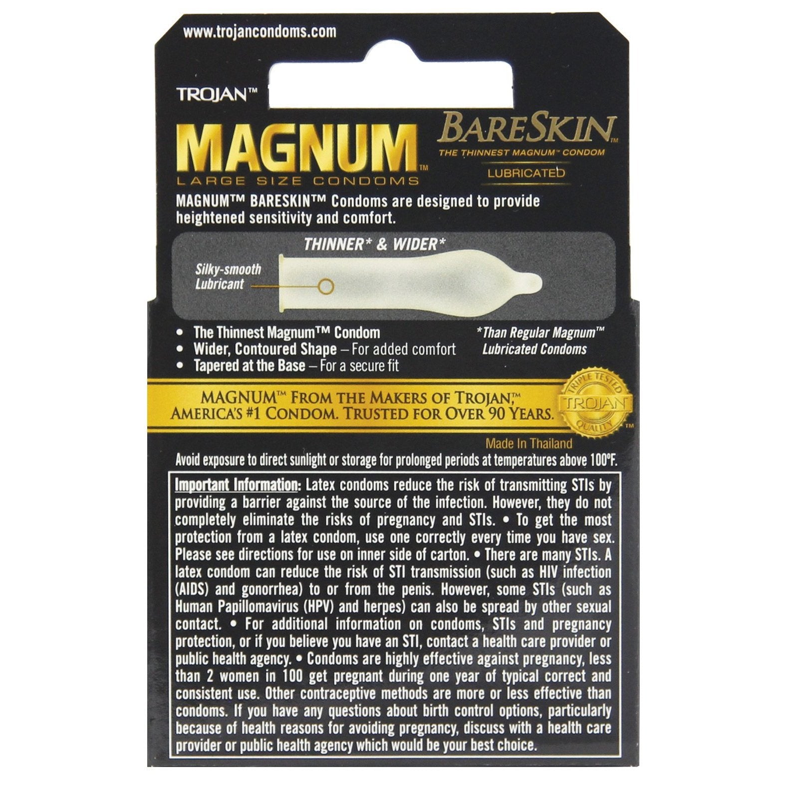 The Trojan Magnum BareSkin ultra-thin condoms by Paradise Marketing, in a pack of 3, highlight Thinner & Wider boldly. Noted for exceptional thinness and silky-smooth lubricant, they offer larger natural latex condoms with pregnancy protection details visible.