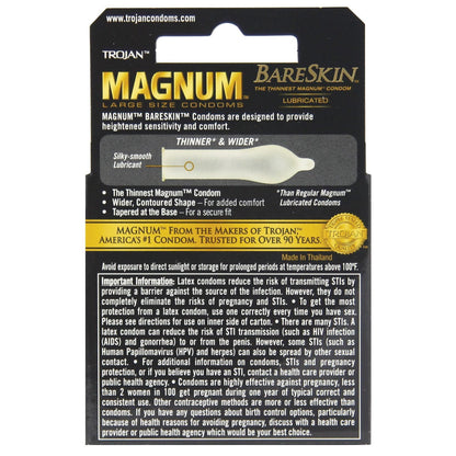 The Trojan Magnum BareSkin ultra-thin condoms by Paradise Marketing, in a pack of 3, highlight Thinner & Wider boldly. Noted for exceptional thinness and silky-smooth lubricant, they offer larger natural latex condoms with pregnancy protection details visible.