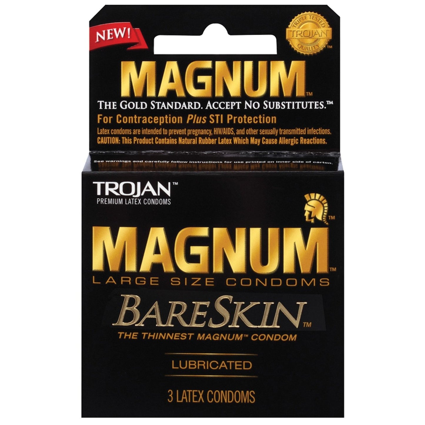 Pack of 3 Trojan Magnum Bareskin Condoms by Paradise Marketing, featuring black and gold packaging with a red New! label. These ultra-thin lubricated condoms are made from natural latex, offering contraception and STI protection with a comfortable fit.