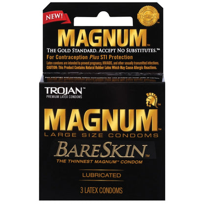 Pack of 3 Trojan Magnum Bareskin Condoms by Paradise Marketing, featuring black and gold packaging with a red New! label. These ultra-thin lubricated condoms are made from natural latex, offering contraception and STI protection with a comfortable fit.